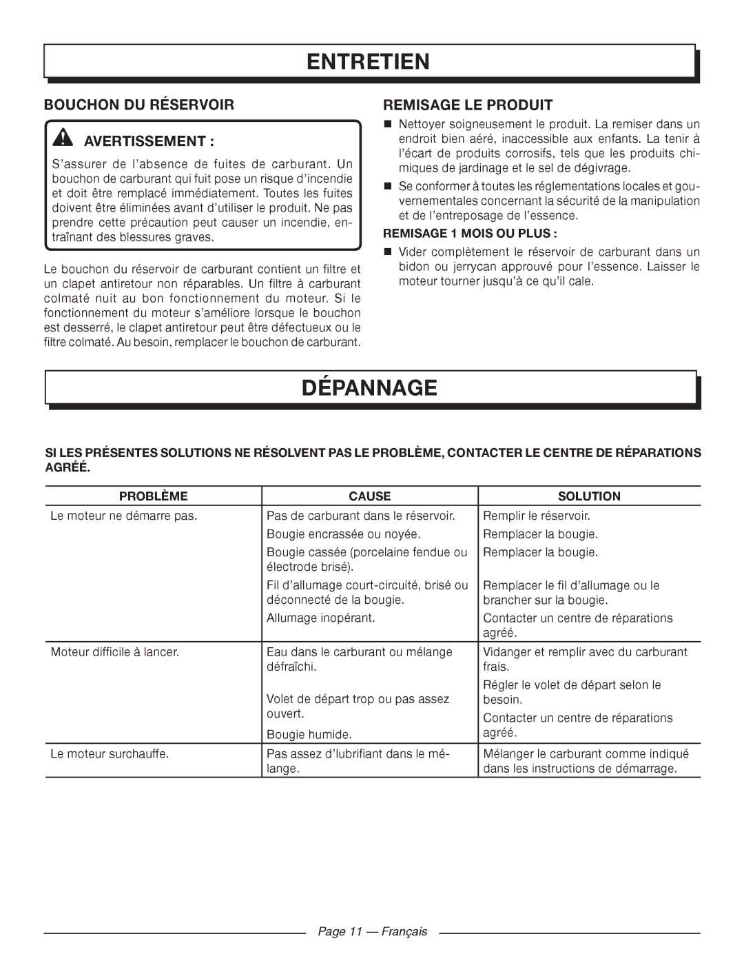 Homelite UT09520 Dépannage, Bouchon DU Réservoir AVERTISSEMENT , Remisage LE Produit, Remisage 1 Mois OU Plus 