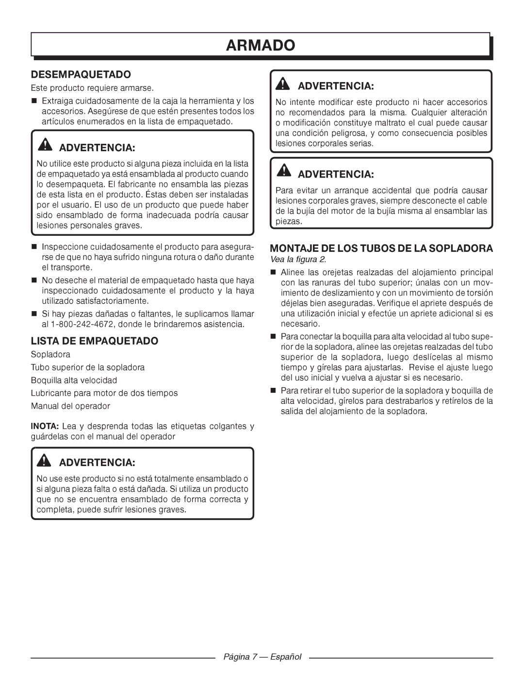 Homelite UT09520 manuel dutilisation Armado, Desempaquetado, Lista DE Empaquetado, Montaje DE LOS Tubos DE LA Sopladora 