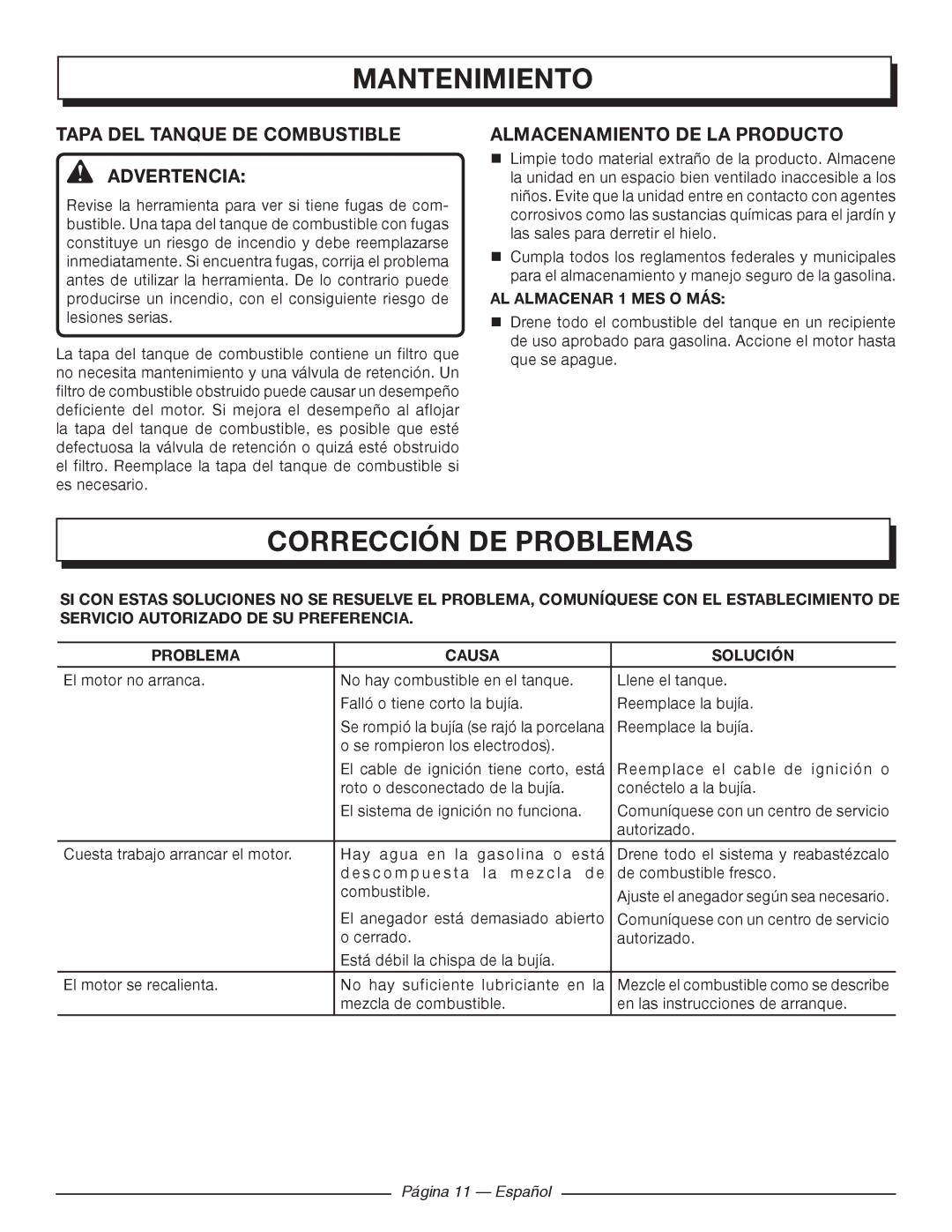 Homelite UT09520 Corrección DE Problemas, Tapa DEL Tanque DE Combustible Advertencia, Almacenamiento DE LA Producto 