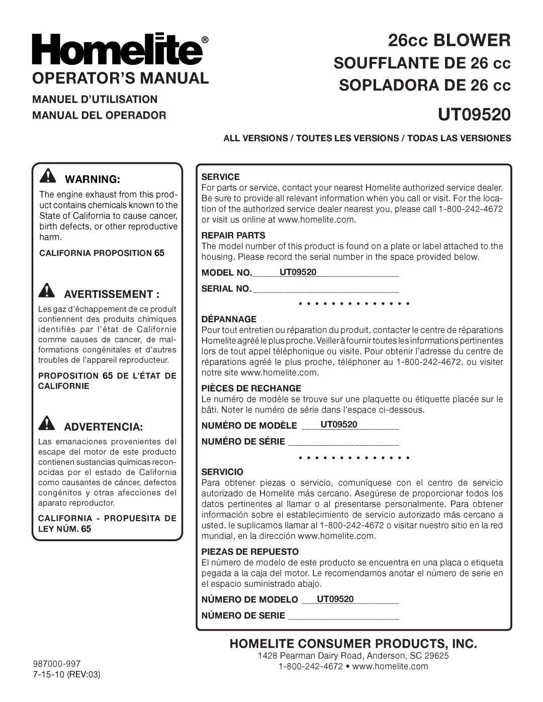 Homelite UT09520 manuel dutilisation OPERATOR’S Manual, Manuel D’UTILISATION, Manual DEL Operador 