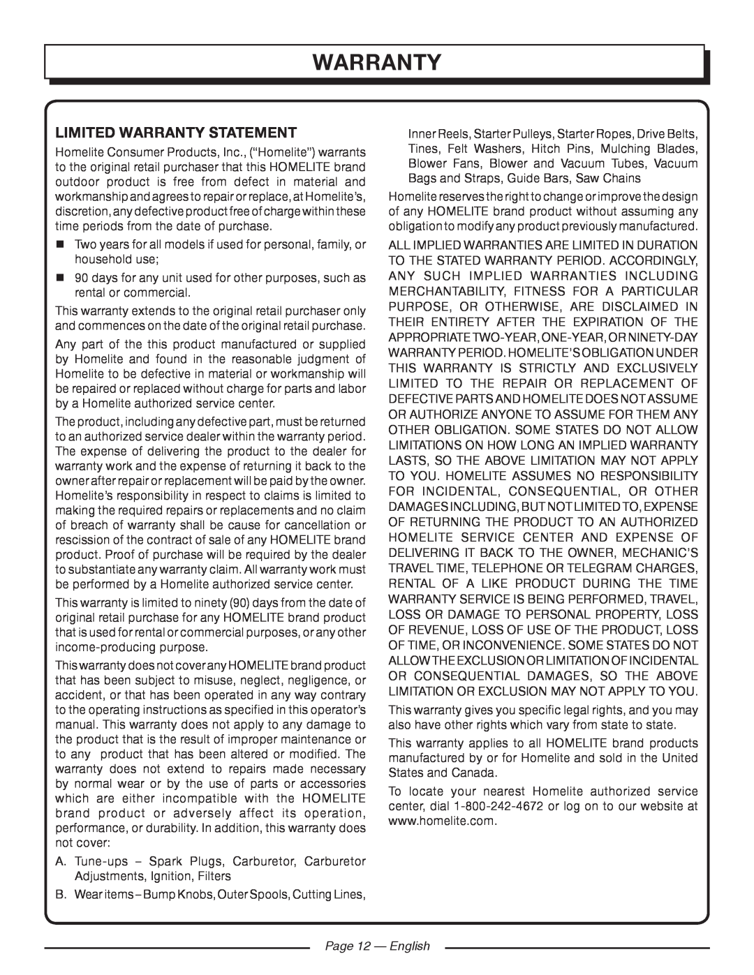 Homelite UT09520 manuel dutilisation Limited Warranty Statement, Page 12 - English 