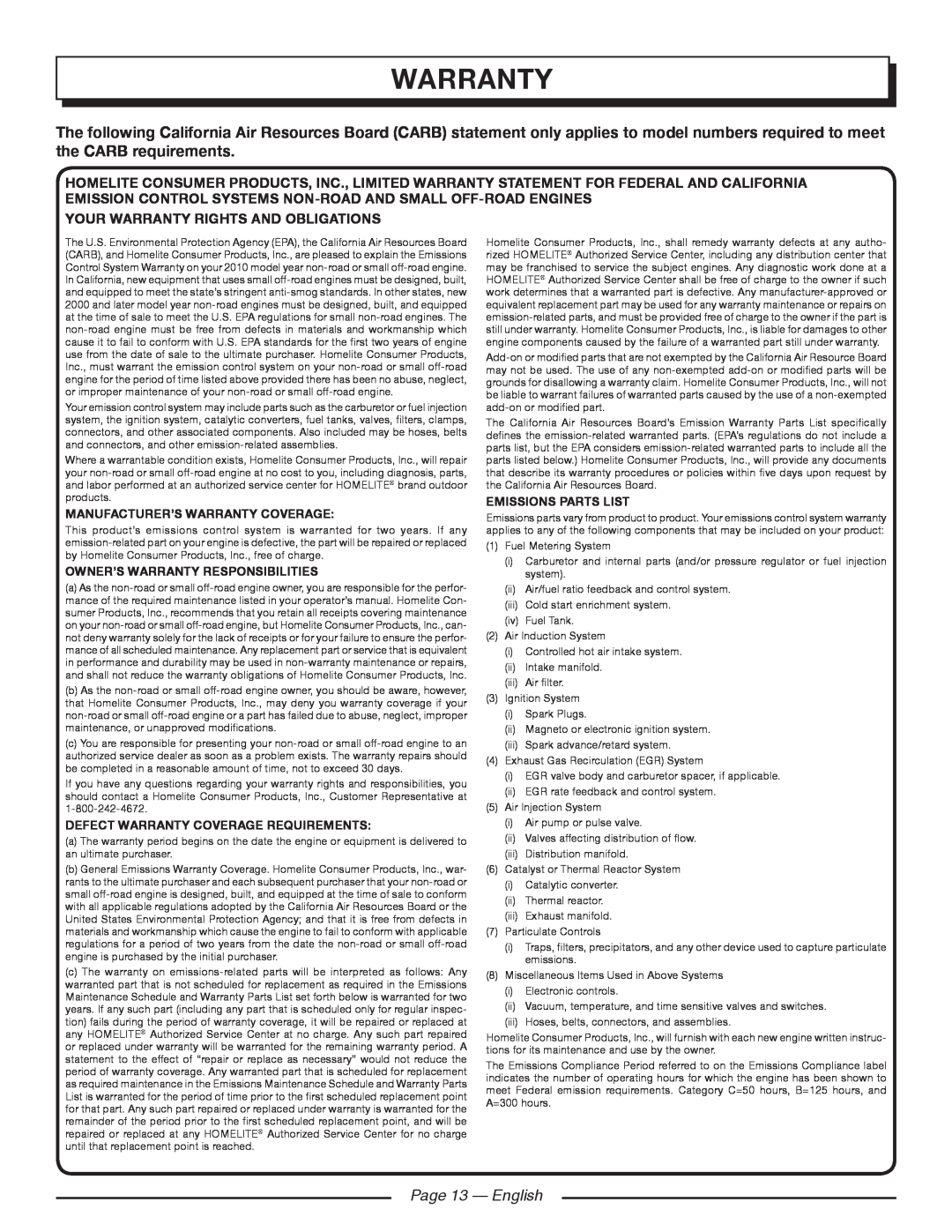 Homelite UT09520 Page 13 - English, Manufacturer’S Warranty Coverage, Owner’S Warranty Responsibilities 