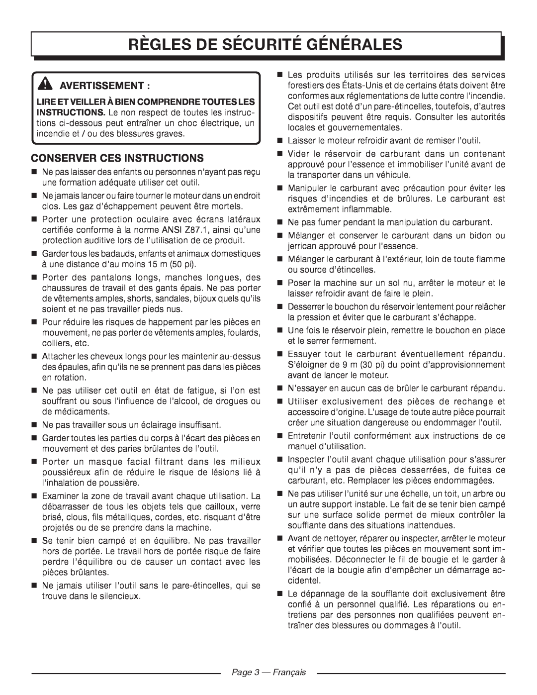 Homelite UT09520 Règles De Sécurité Générales, Conserver Ces Instructions, Avertissement , Page 3 - Français 