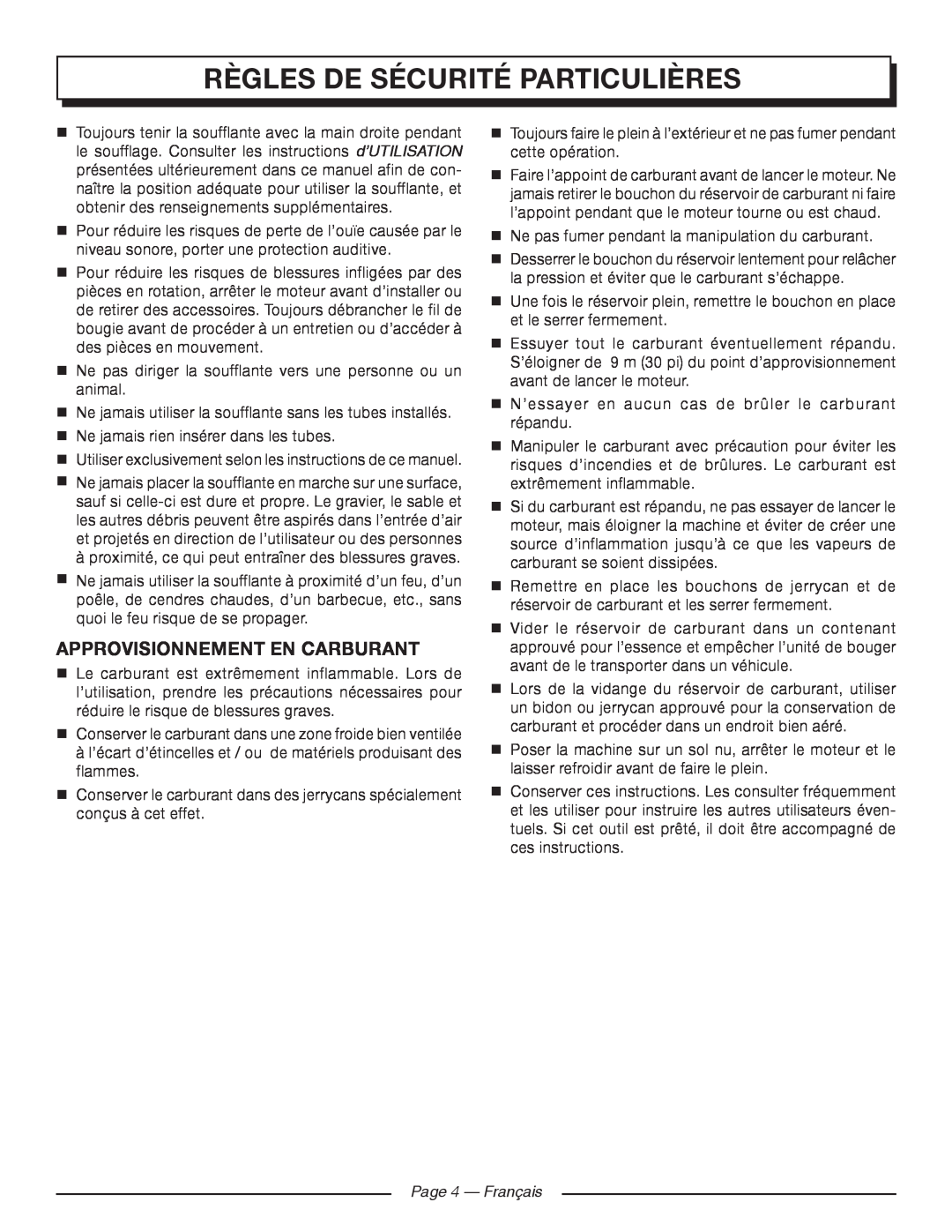 Homelite UT09520 manuel dutilisation Règles De Sécurité Particulières, Approvisionnement En Carburant, Page 4 - Français 