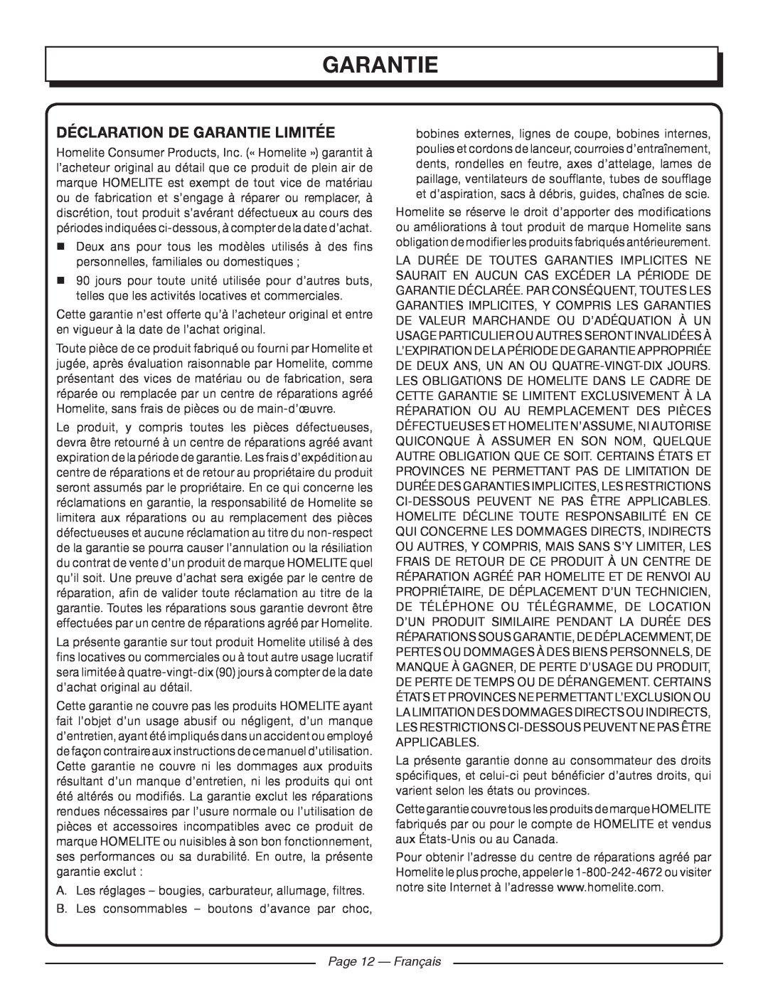 Homelite UT09520 manuel dutilisation Déclaration De Garantie Limitée, Page 12 - Français 