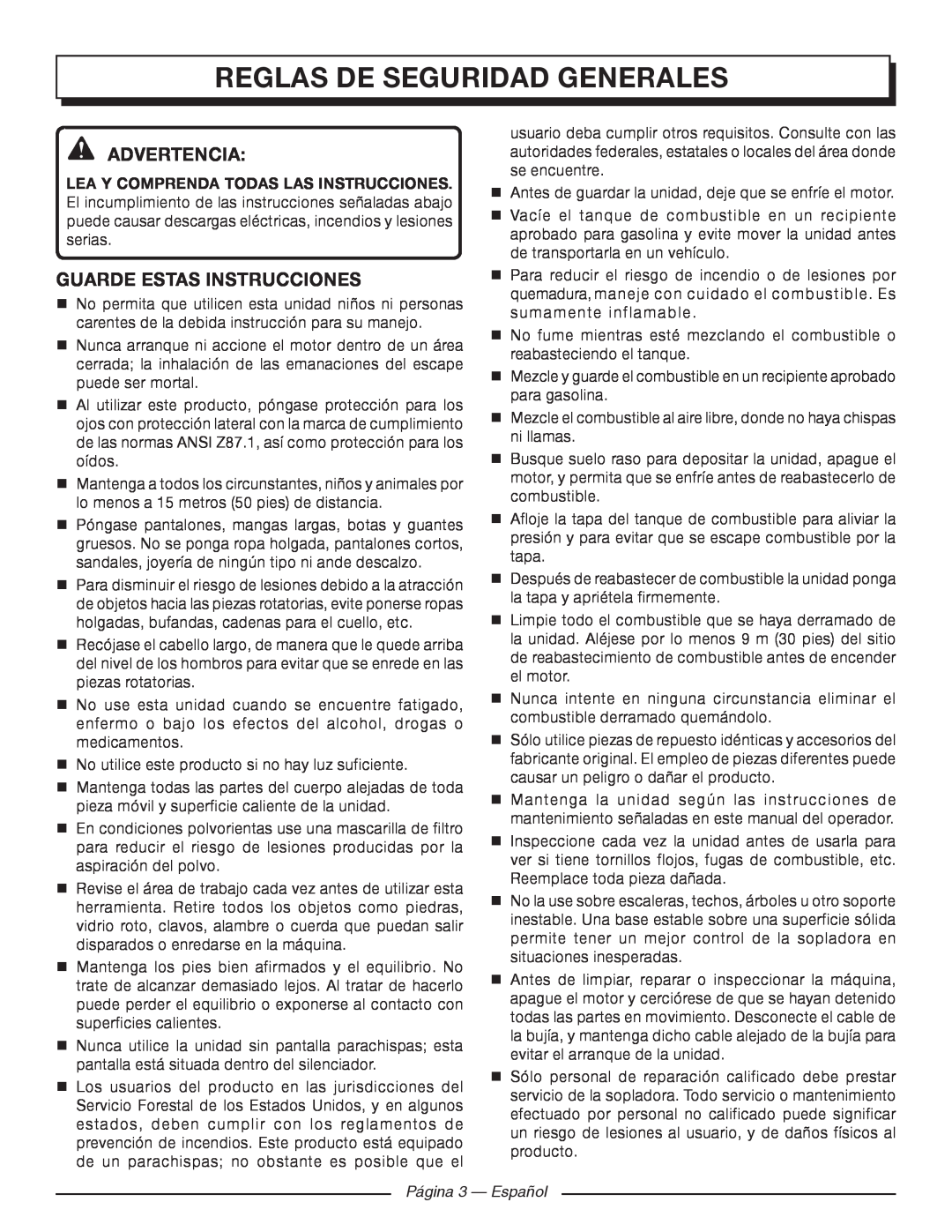 Homelite UT09520 Reglas De Seguridad Generales, Advertencia, Guarde Estas Instrucciones, Página 3 - Español 