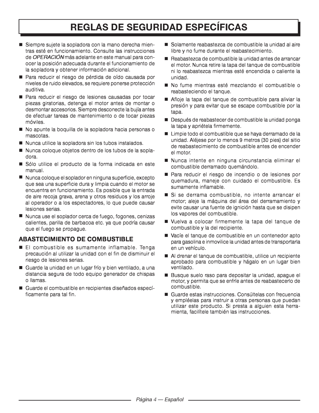 Homelite UT09520 manuel dutilisation Reglas De Seguridad Específicas, Abastecimiento De Combustible, Página 4 - Español 