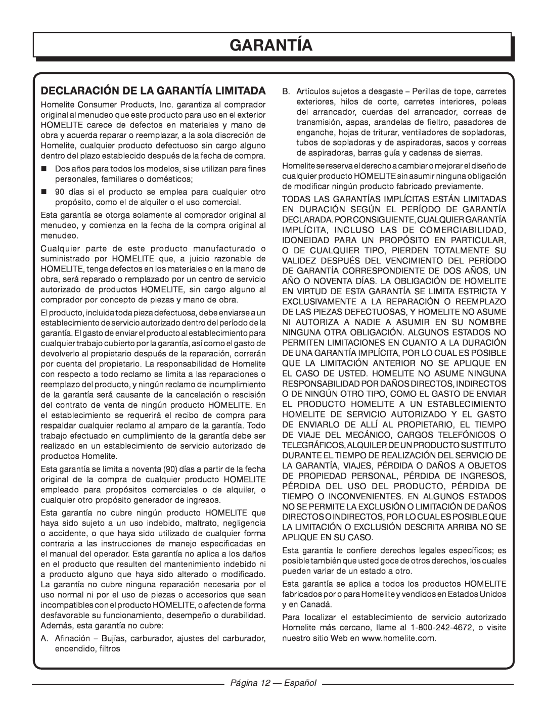 Homelite UT09520 manuel dutilisation Declaración De La Garantía Limitada, Página 12 - Español 