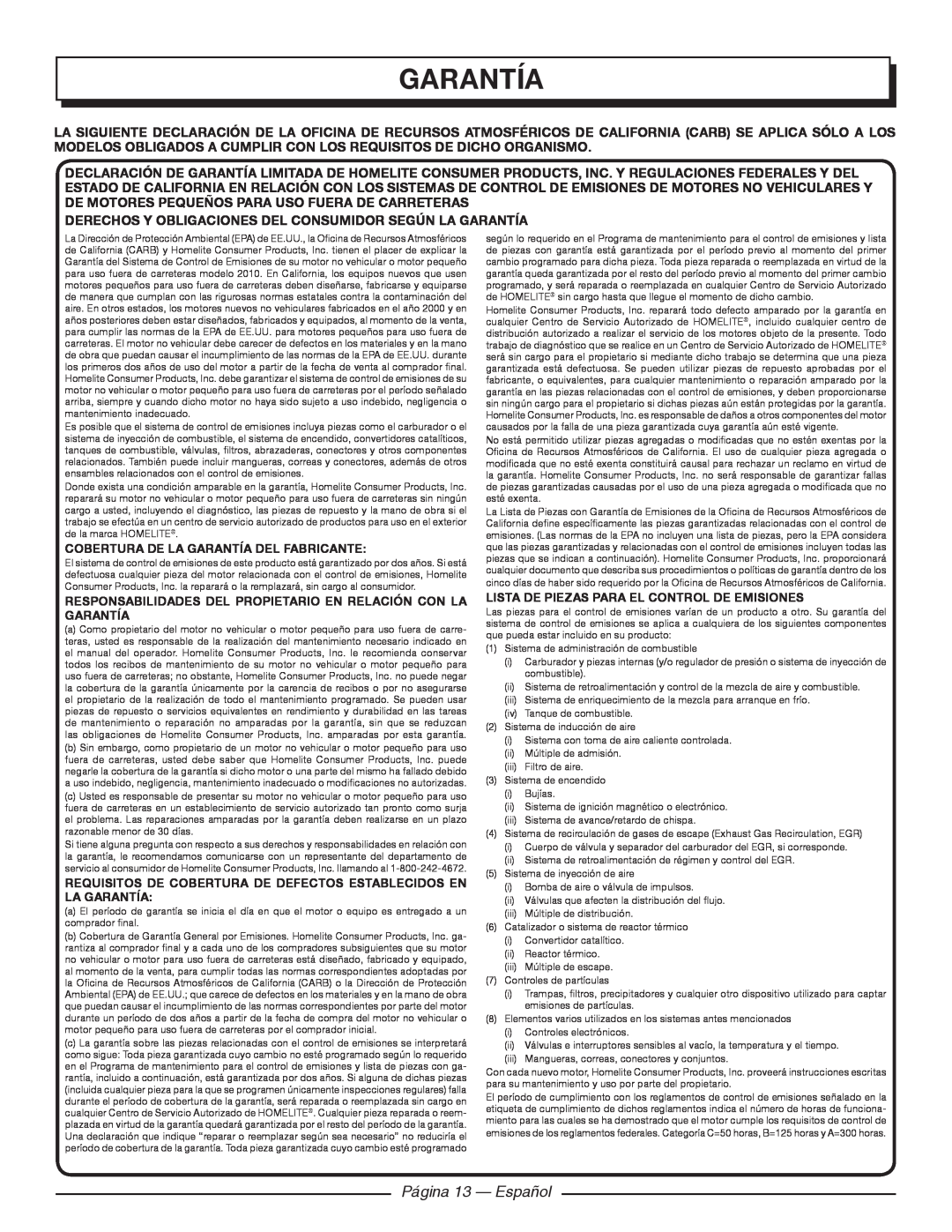 Homelite UT09520 manuel dutilisation Página 13 - Español, Derechos Y Obligaciones Del Consumidor Según La Garantía 