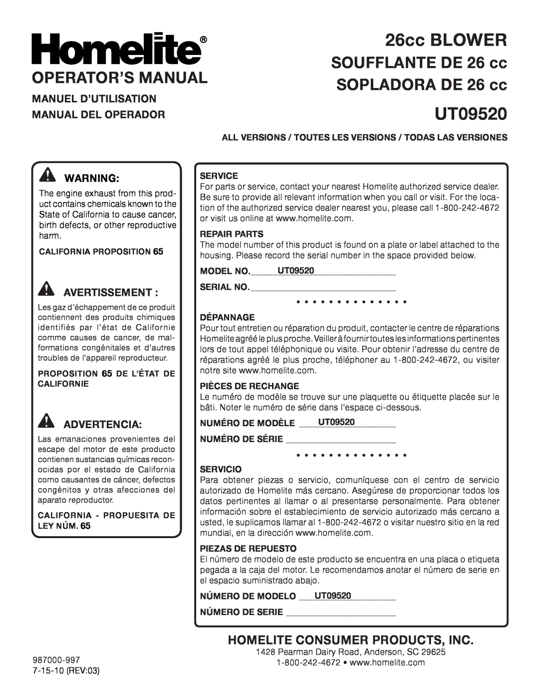 Homelite UT09520 Operator’S Manual, SOPLADORA DE 26 cc, Manuel D’Utilisation, Manual Del Operador, 26cc BLOWER, Model No 