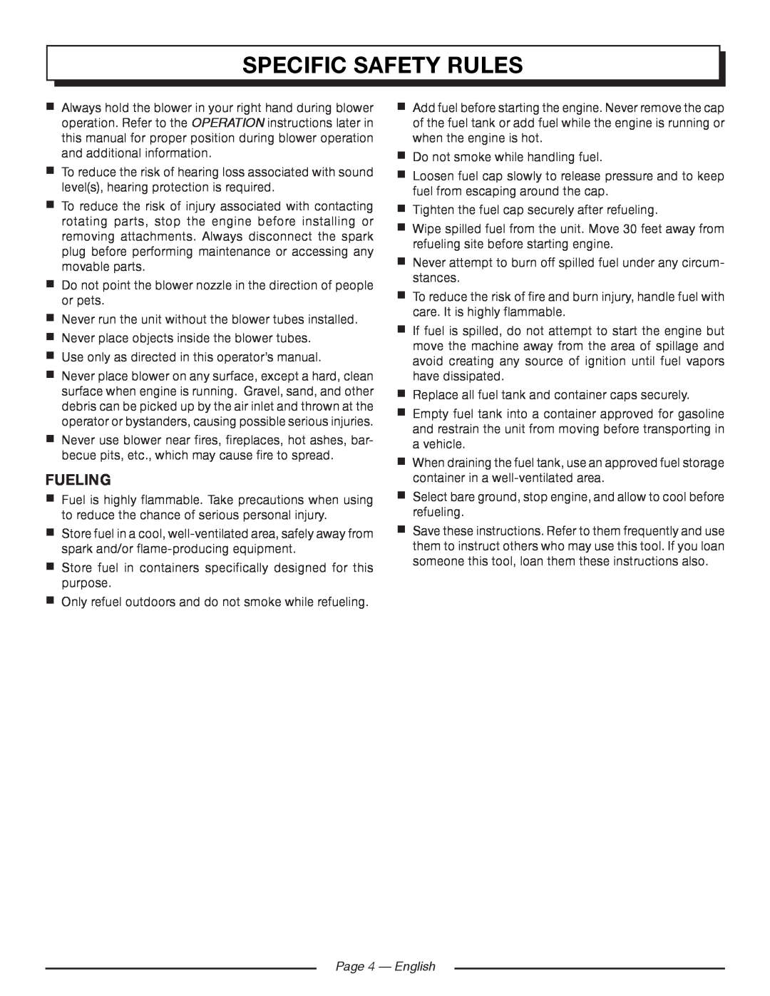 Homelite UT09520 manuel dutilisation Specific Safety Rules, Fueling, Page 4 - English 