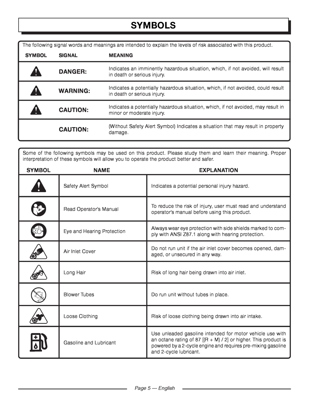 Homelite UT09520 manuel dutilisation Symbols, Danger, Name, Explanation, Signal, Meaning, Page 5 - English 