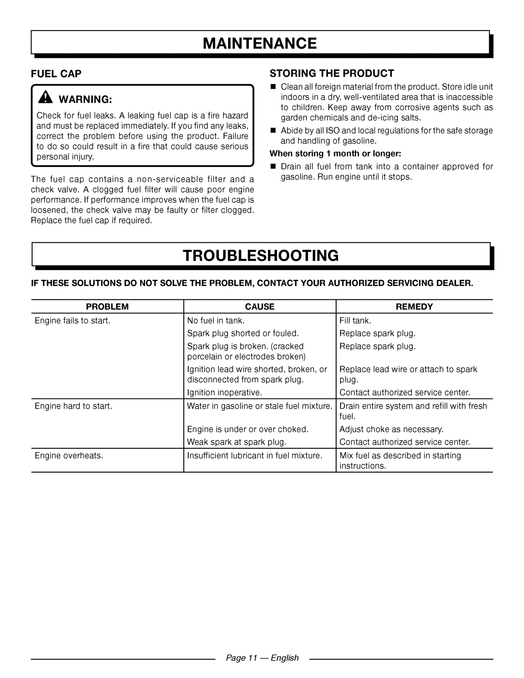 Homelite UT09521 manuel dutilisation Troubleshooting, Fuel CAP, Storing the Product 