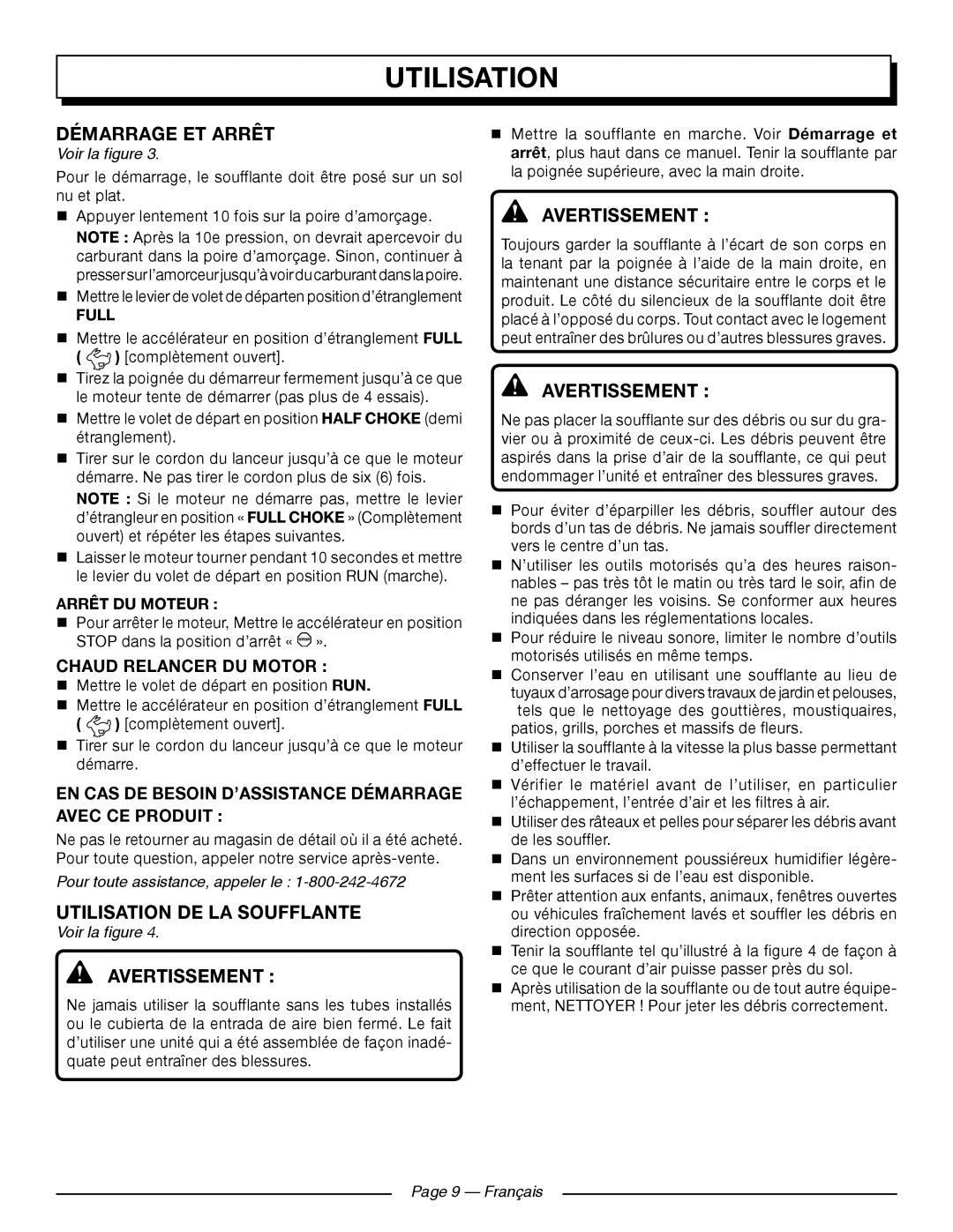 Homelite UT09521 manuel dutilisation Démarrage ET Arrêt, Utilisation DE LA Soufflante, Chaud Relancer DU Motor 