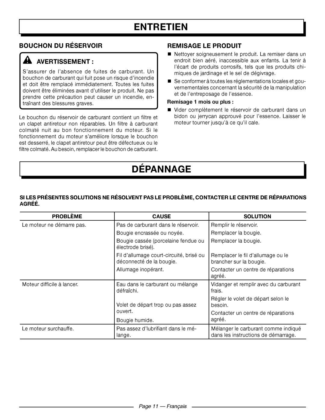 Homelite UT09521 manuel dutilisation Dépannage, Bouchon DU Réservoir AVERTISSEMENT , Remisage LE Produit 