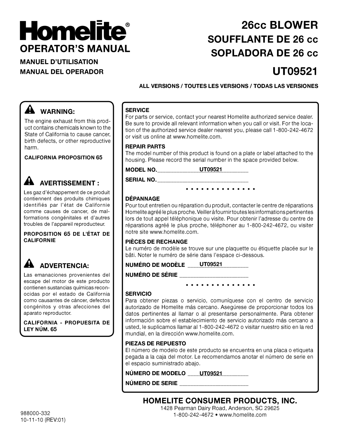 Homelite UT09521 manuel dutilisation OPERATOR’S Manual, Manuel D’UTILISATION, Manual DEL Operador 