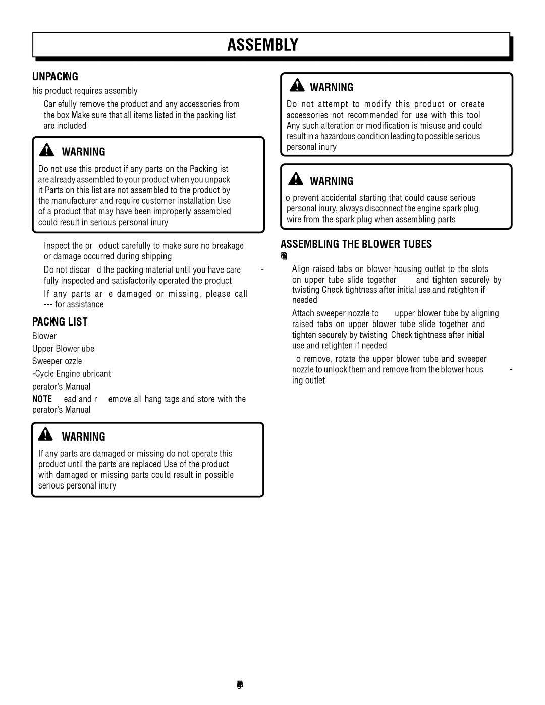 Homelite UT09521 manuel dutilisation Assembly, Unpacking, Packing List, Assembling the Blower Tubes 