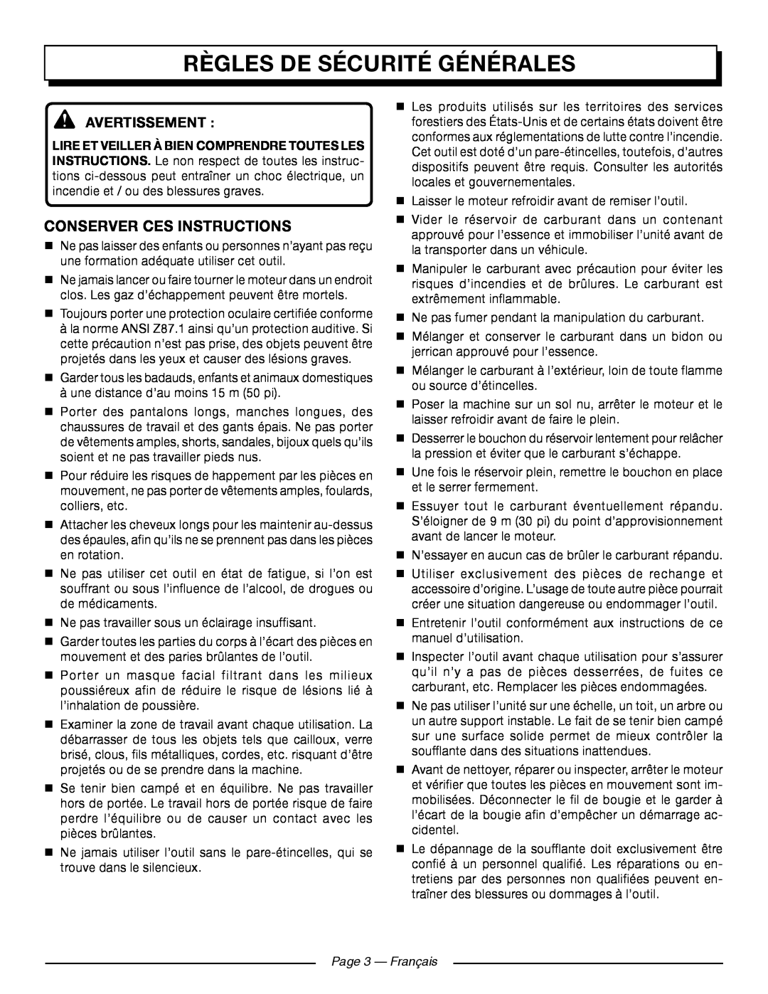 Homelite UT09521 Règles De Sécurité Générales, Conserver Ces Instructions, Avertissement , Page 3 - Français 