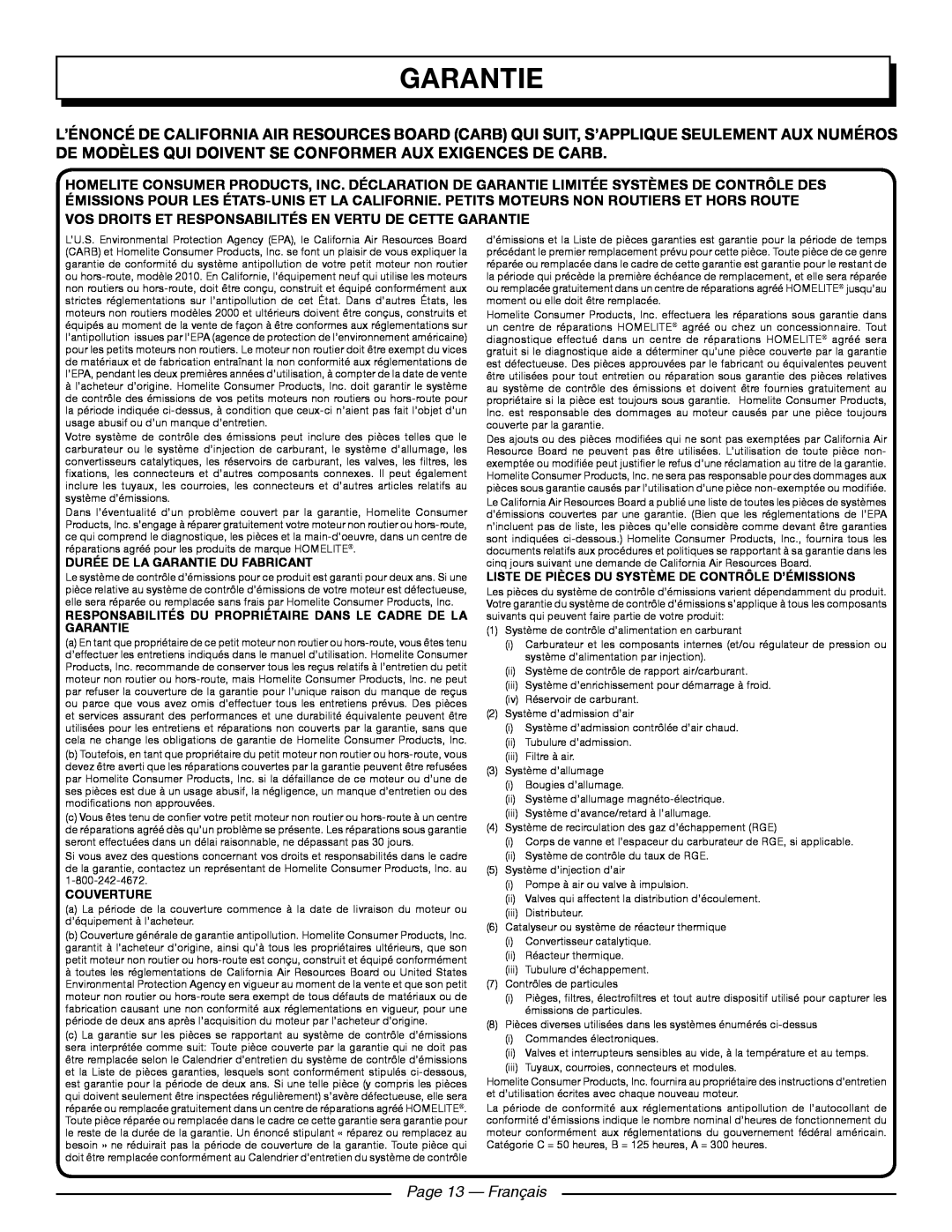 Homelite UT09521 manuel dutilisation Page 13 - Français, Durée De La Garantie Du Fabricant, Couverture 
