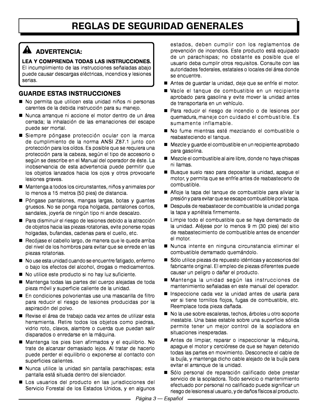 Homelite UT09521 Reglas De Seguridad Generales, Advertencia, Guarde Estas Instrucciones, Página 3 - Español 