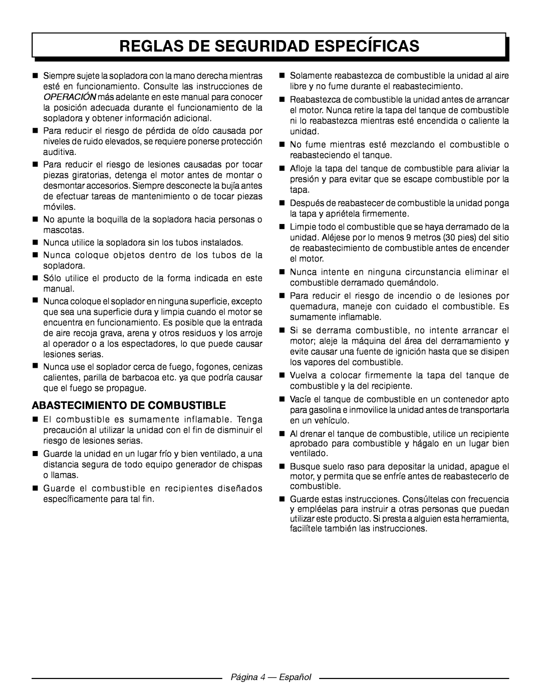 Homelite UT09521 manuel dutilisation Reglas De Seguridad Específicas, Abastecimiento De Combustible, Página 4 - Español 