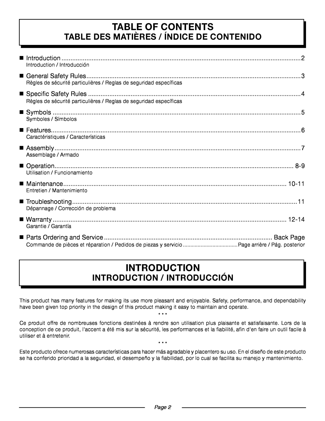 Homelite UT09521 Table Of Contents, Table Des Matières / Índice De Contenido, Introduction / Introducción, 10-11, Page 