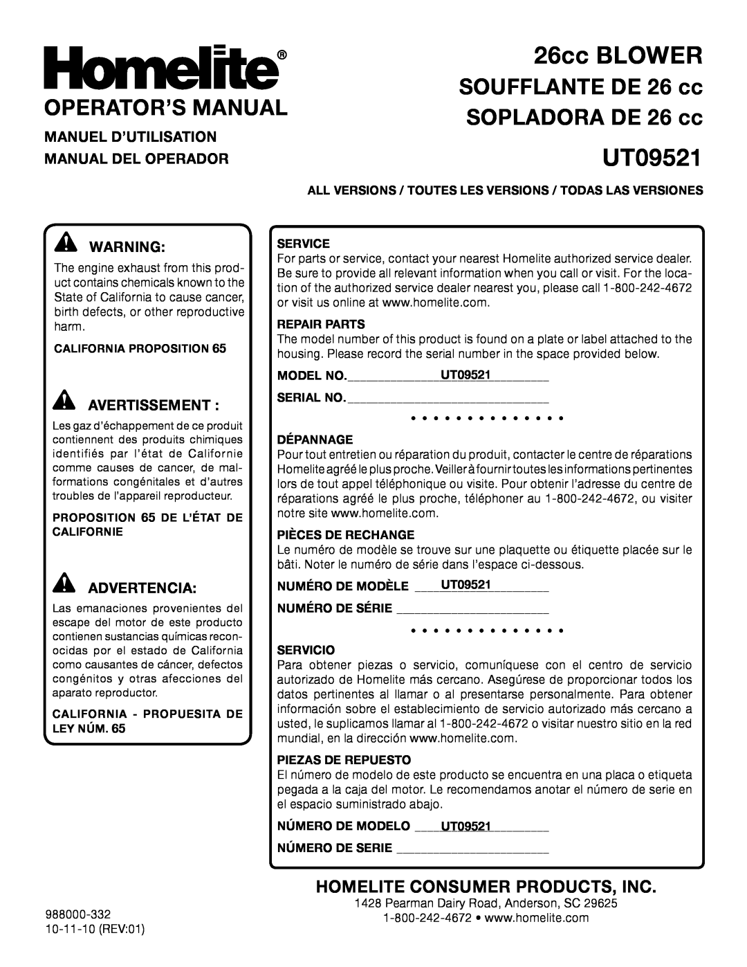 Homelite UT09521 Operator’S Manual, SOPLADORA DE 26 cc, SOUFFLANTE DE 26 cc, Manuel D’Utilisation, Manual Del Operador 