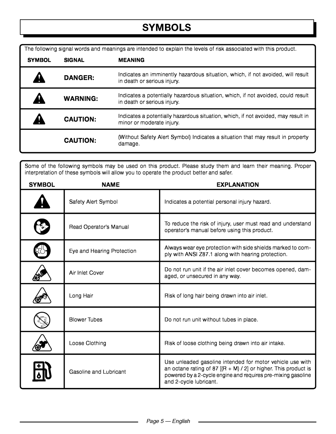 Homelite UT09521 manuel dutilisation Symbols, Danger, Name, Explanation, Signal, Meaning, Page 5 - English 