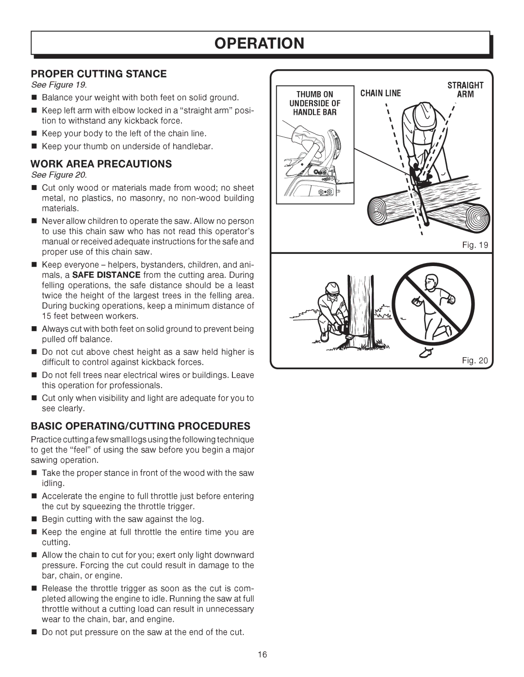 Homelite UT10512, UT10032 Proper Cutting Stance, Work Area Precautions, Basic OPERATING/CUTTING Procedures, Chain Line 