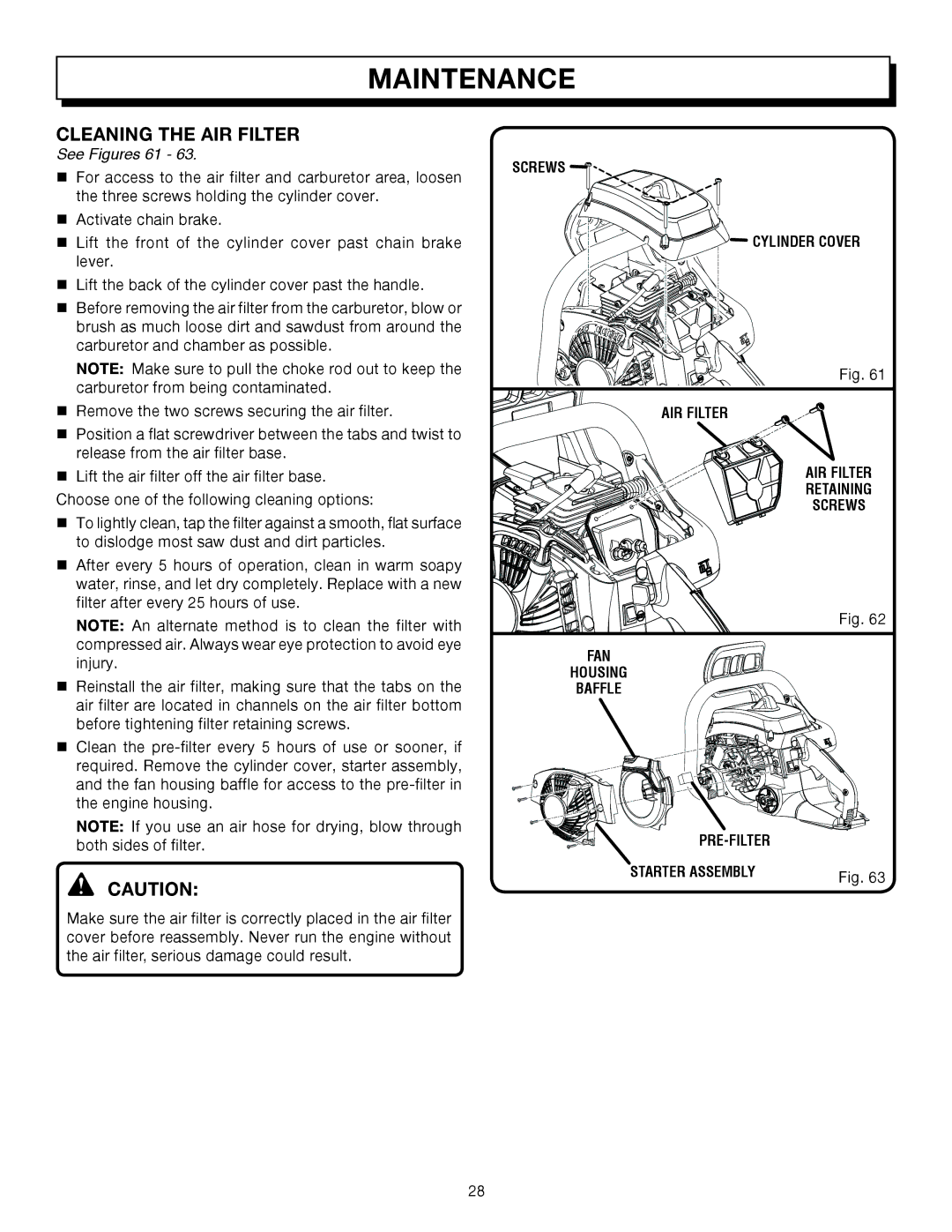 Homelite UT10512, UT10032, UT10012 manual Cleaning the AIR Filter, See Figures 61 