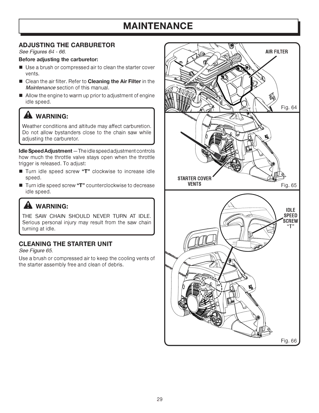 Homelite UT10012 Adjusting the Carburetor, Cleaning the Starter Unit, See Figures 64, Before adjusting the carburetor 