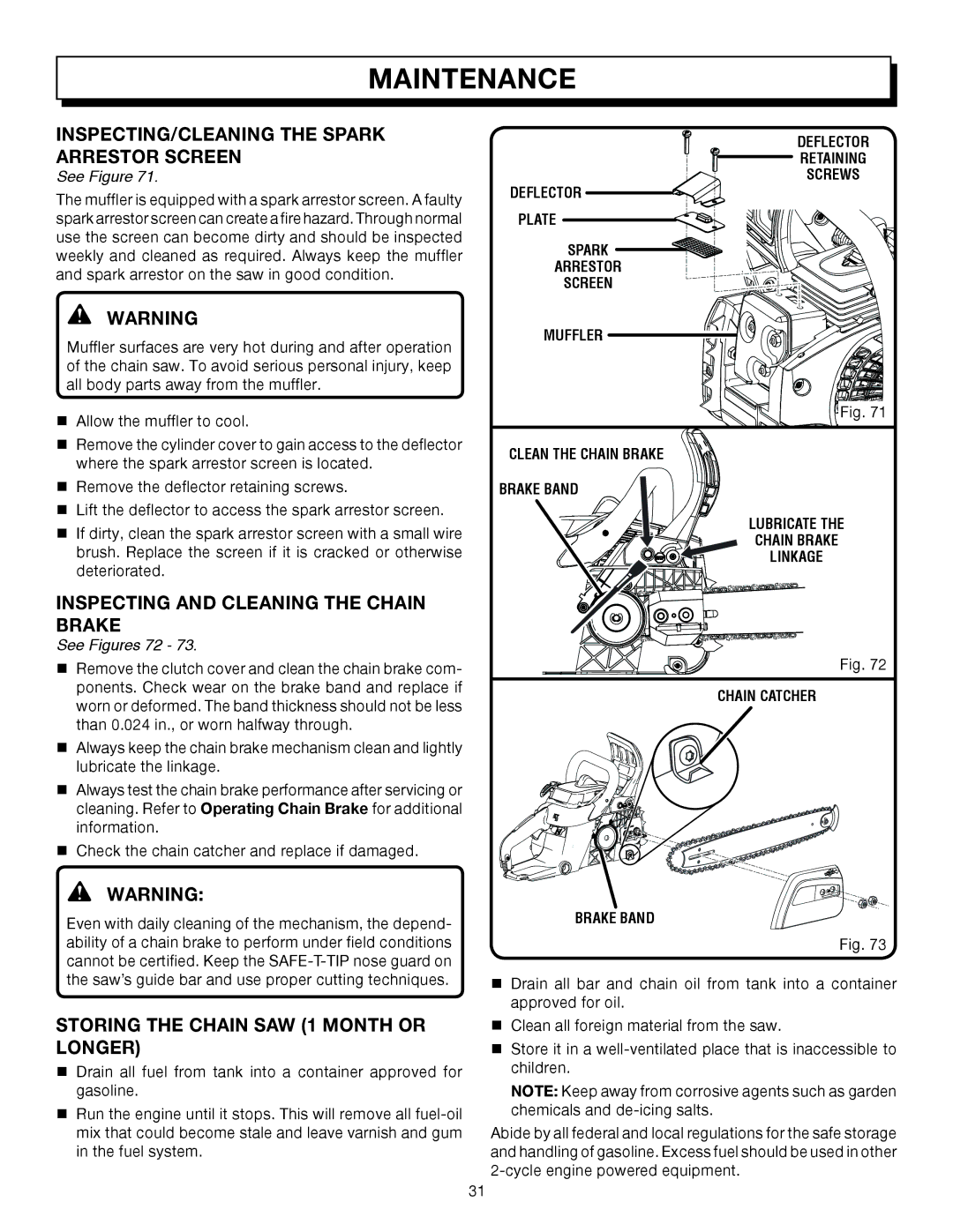 Homelite UT10512 INSPECTING/CLEANING the Spark Arrestor Screen, Inspecting and Cleaning the Chain Brake, See Figures 72 