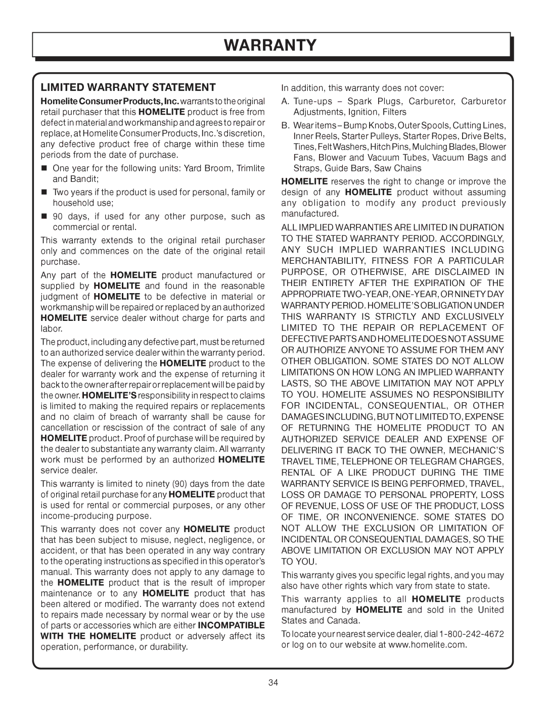 Homelite UT10512, UT10032, UT10012 manual Limited Warranty Statement 