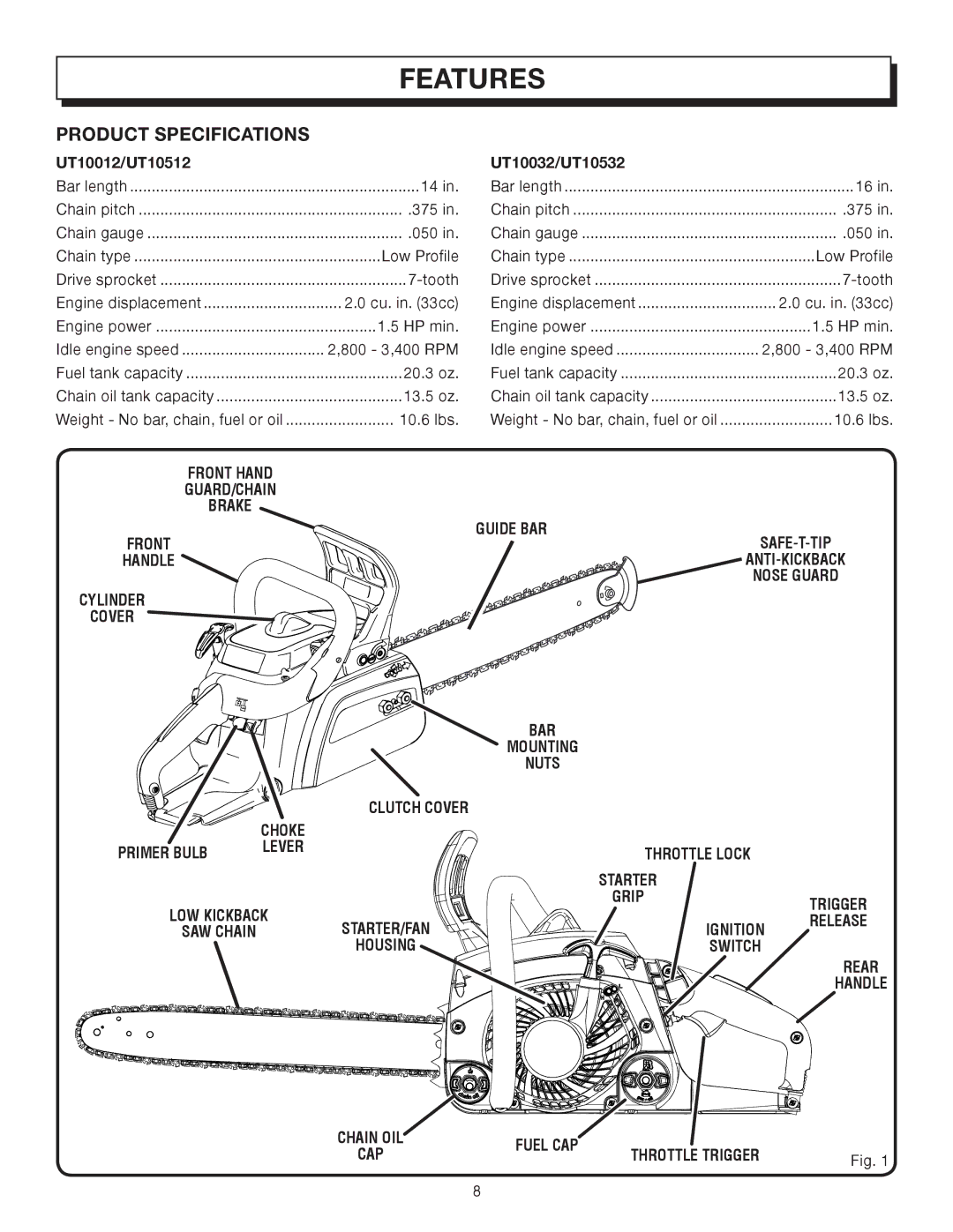 Homelite UT10012, UT10032, UT10512 manual Features, Product Specifications 