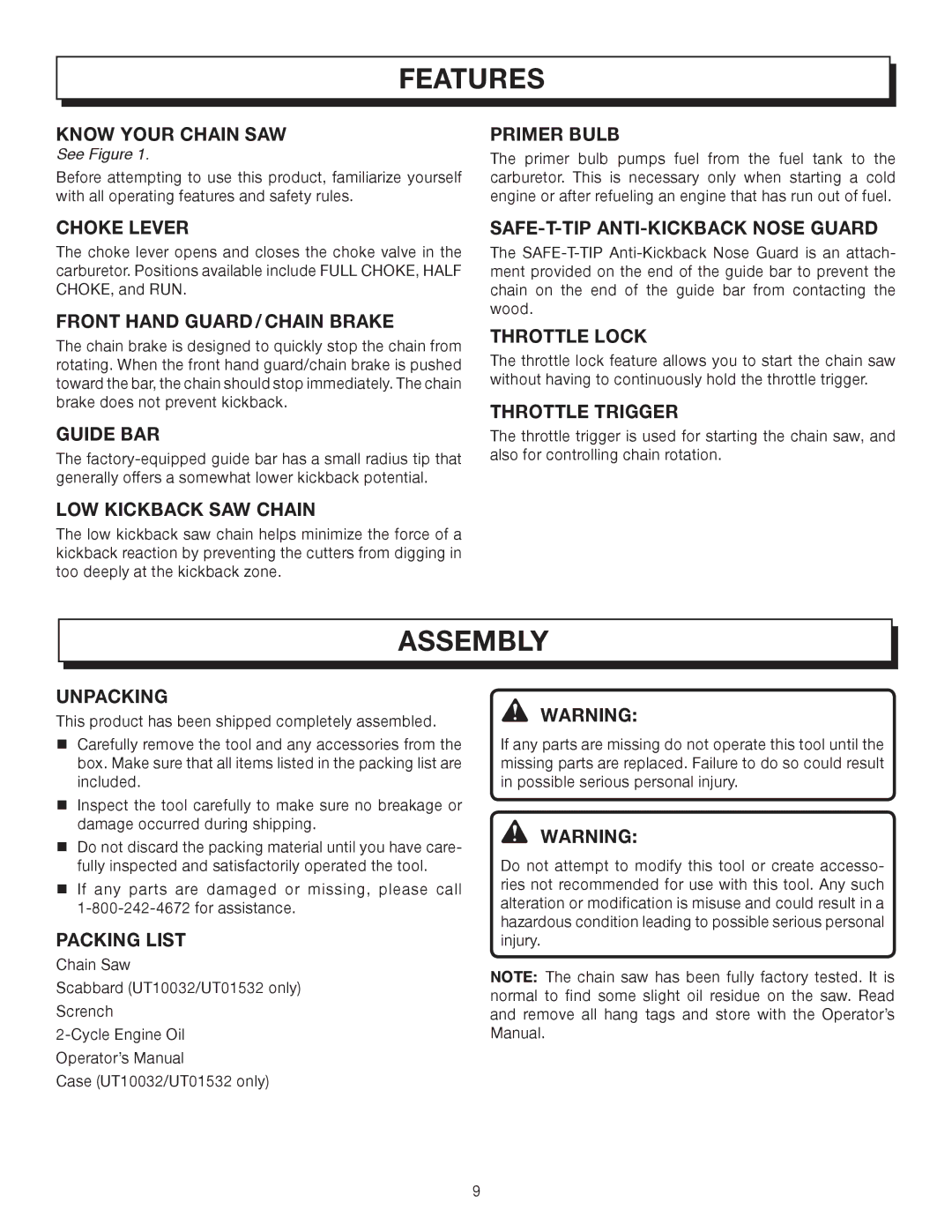 Homelite UT10032, UT10512, UT10012 manual Assembly 