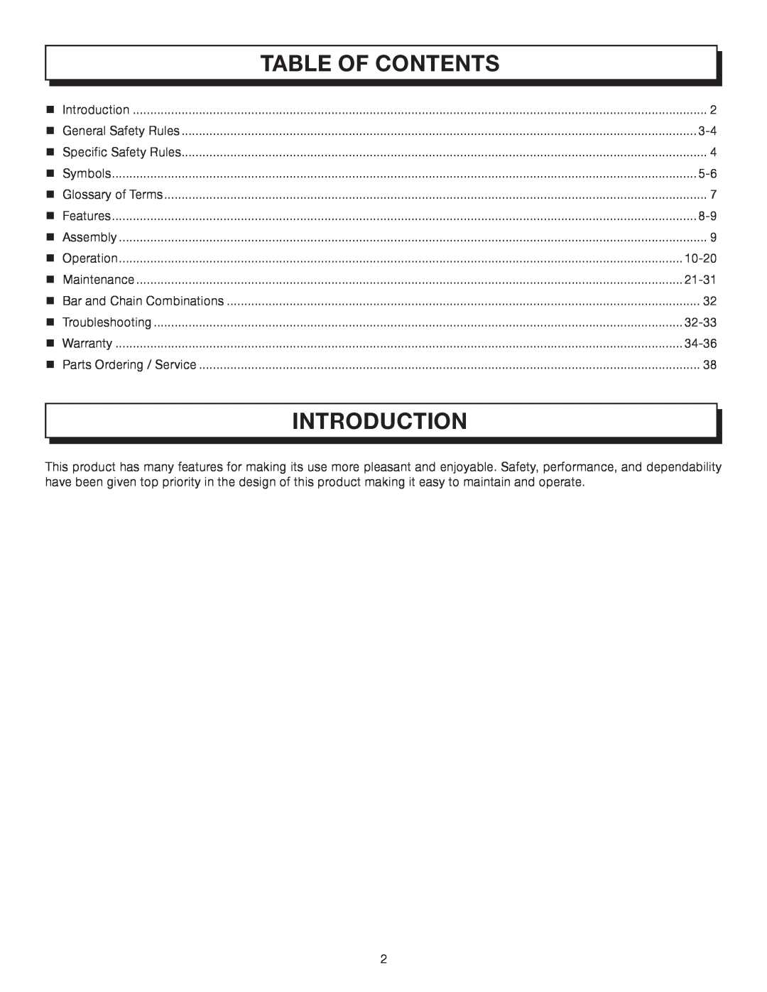 Homelite UT10012, UT10032, UT10512 manual Introduction, Table Of Contents 