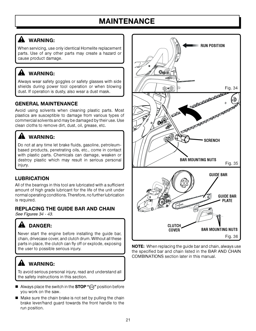 Homelite UT10032, UT10512 General Maintenance, Lubrication, Replacing The Guide Bar And Chain, Danger, See Figures 34 