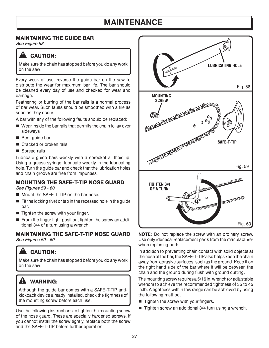 Homelite UT10032 manual Maintenance, See Figures 59, Lubricating Hole, Mounting Screw Safe-T-Tip, TIGHTEN 3/4 OF A TURN 