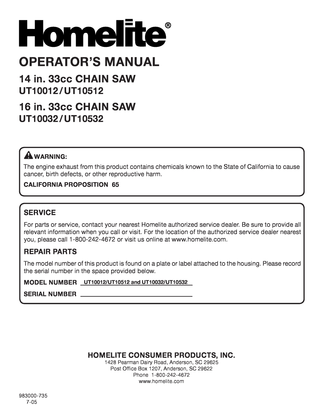 Homelite UT10012, UT10032 Service, Repair Parts, Homelite Consumer Products, Inc, Operator’S Manual, 14 in. 33cc CHAIN SAW 