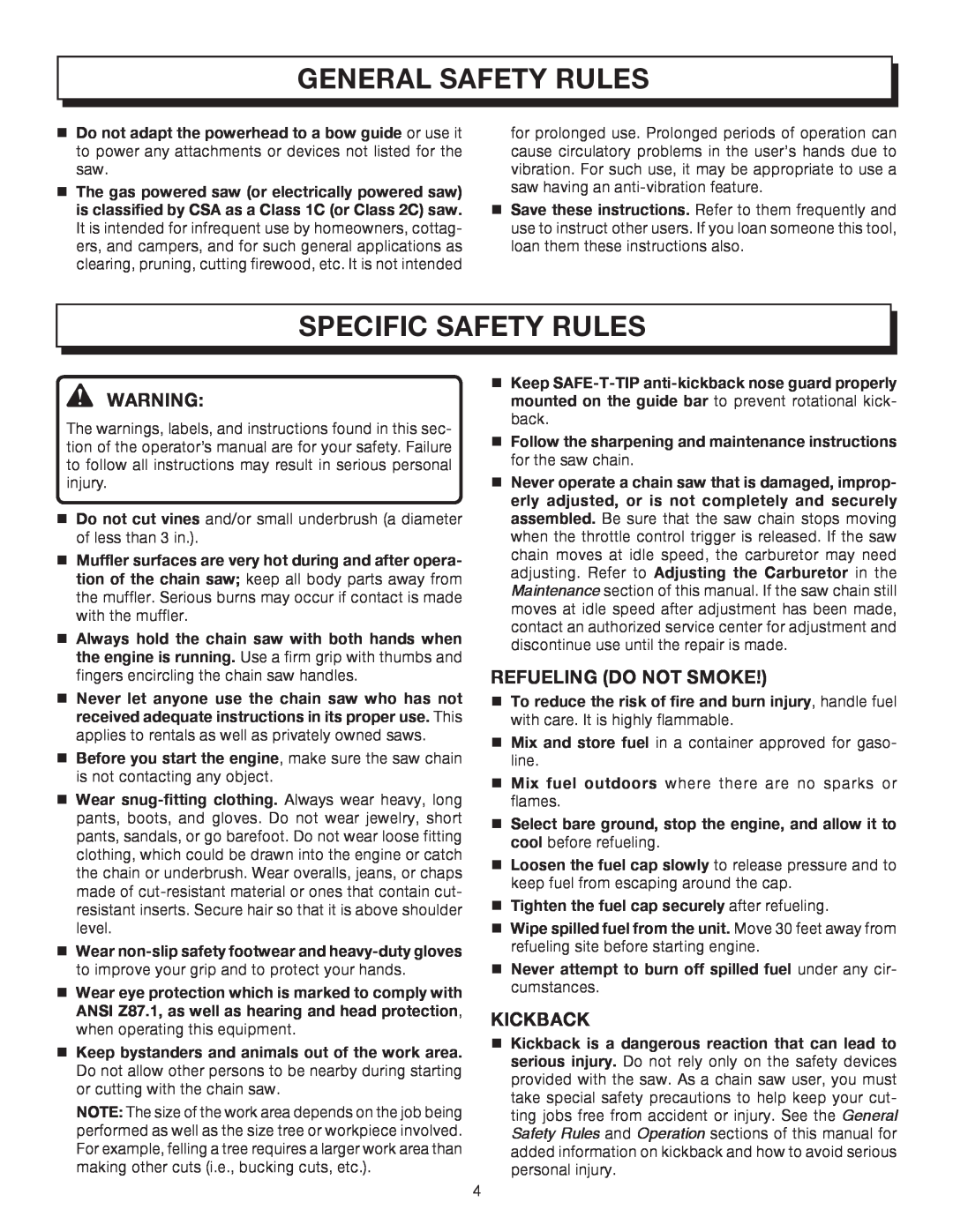 Homelite UT10512, UT10032, UT10012 manual Specific Safety Rules, General Safety Rules, Refueling Do Not Smoke, Kickback 