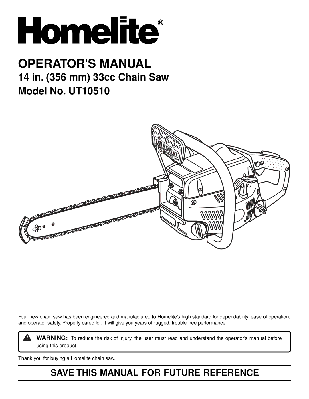 Homelite UT10510 manual Operators Manual, Save this Manual for Future Reference 