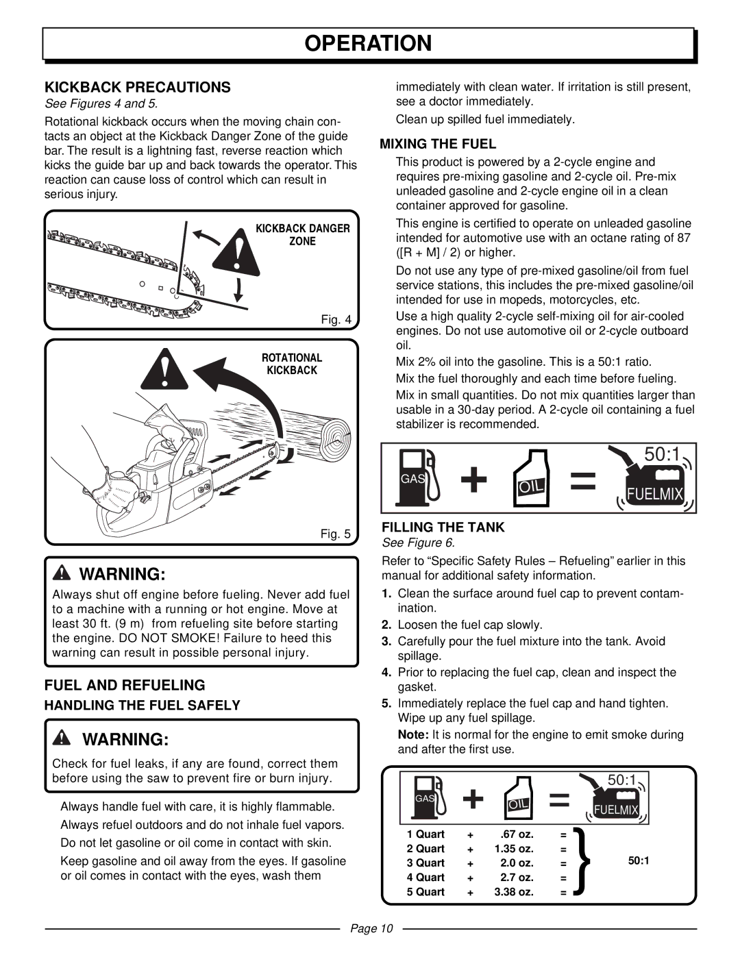 Homelite UT10510 Kickback Precautions, Fuel and Refueling, Handling the Fuel Safely, Mixing the Fuel, Filling the Tank 