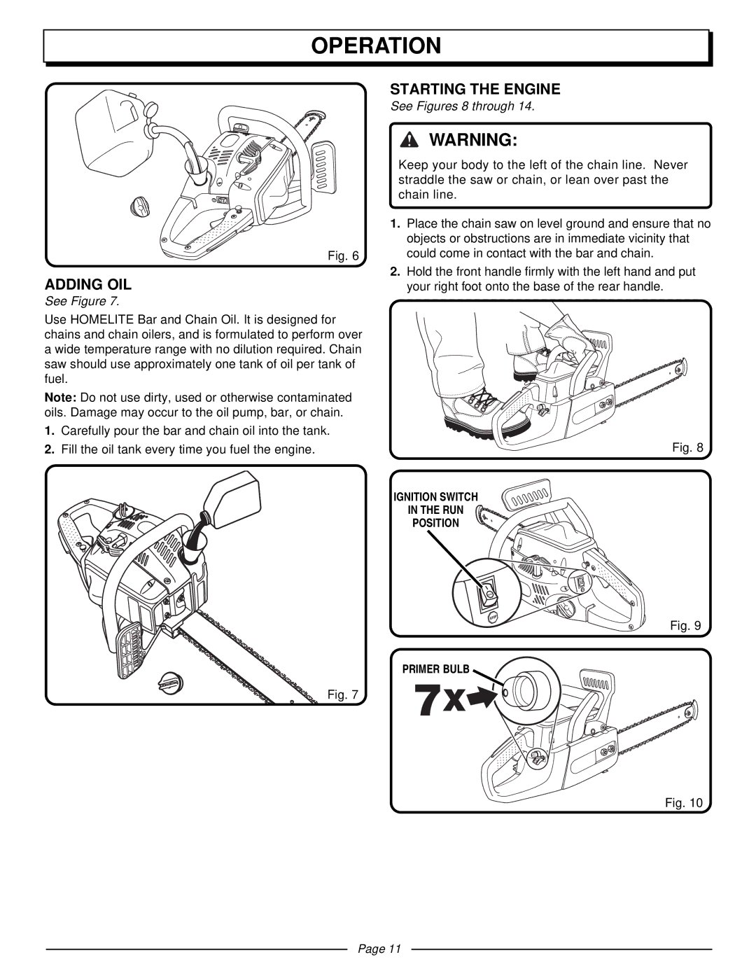 Homelite UT10510 manual Adding OIL, Starting the Engine, See Figures 8 through 