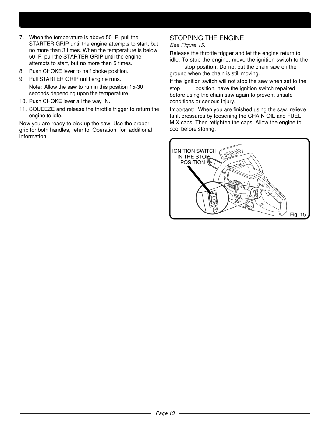 Homelite UT10510 manual Stopping the Engine 