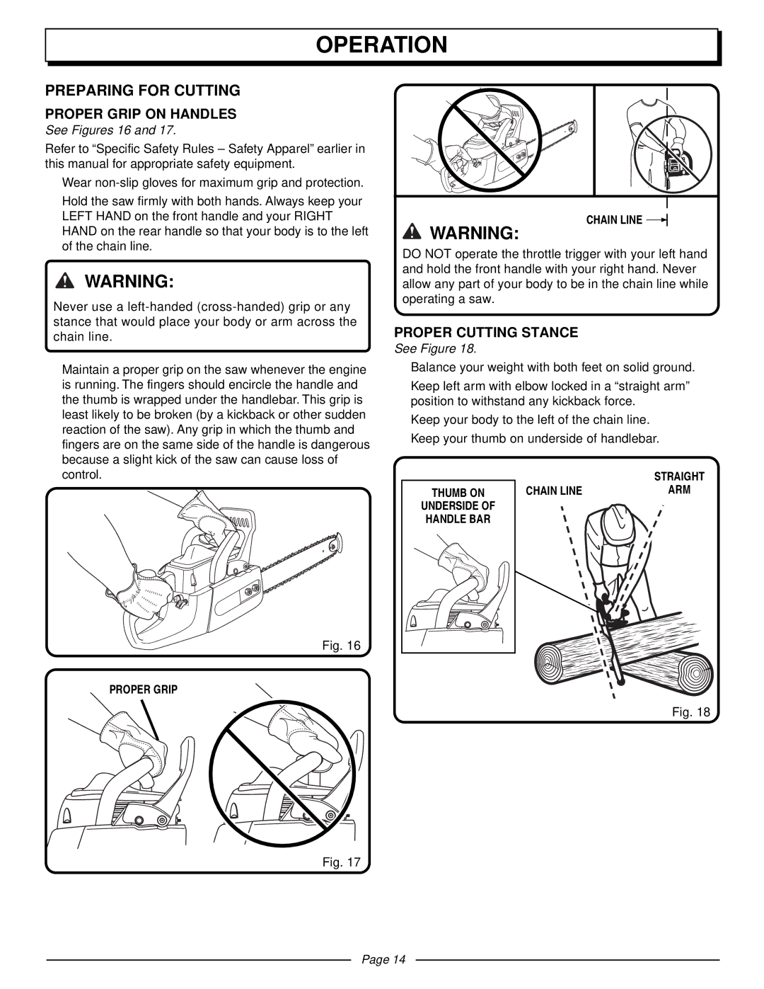 Homelite UT10510 manual Preparing for Cutting, Proper Grip on Handles, Proper Cutting Stance, See Figures 16 