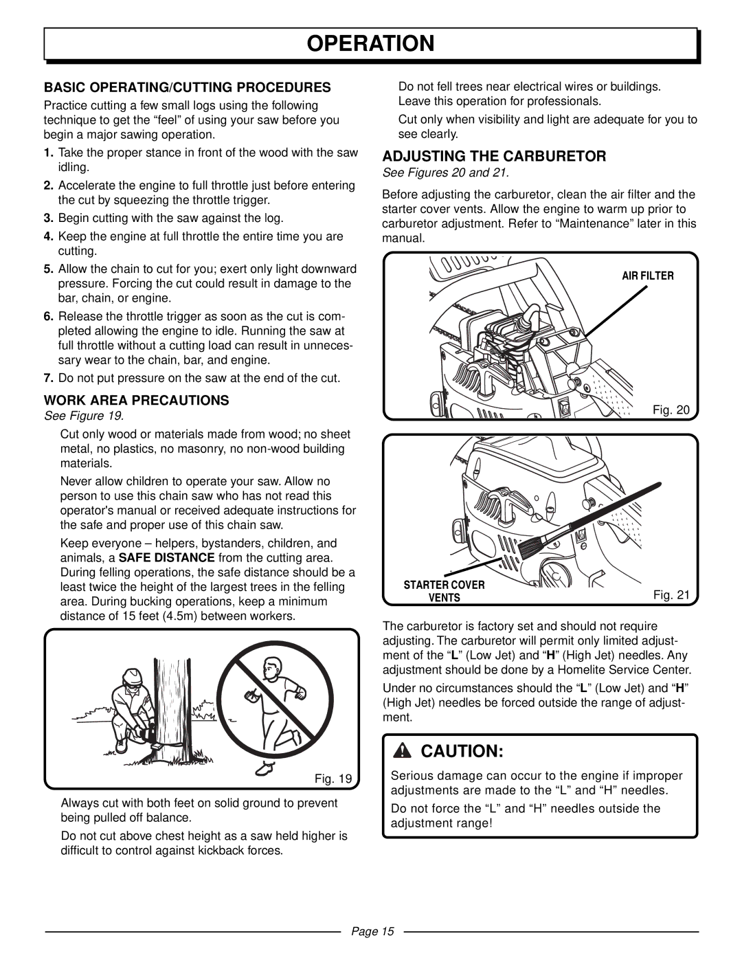 Homelite UT10510 manual Adjusting the Carburetor, Basic OPERATING/CUTTING Procedures, Work Area Precautions, See Figures 20 