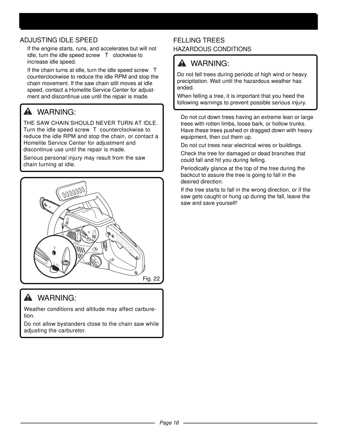 Homelite UT10510 manual Adjusting Idle Speed, Felling Trees, Hazardous Conditions 