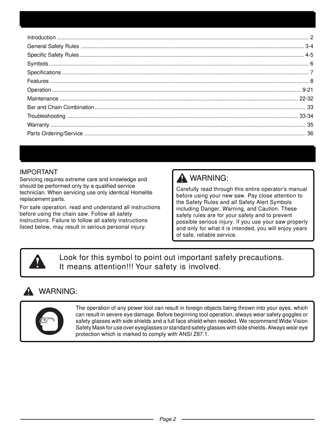 Homelite UT10510 manual Introduction, Table of Contents 