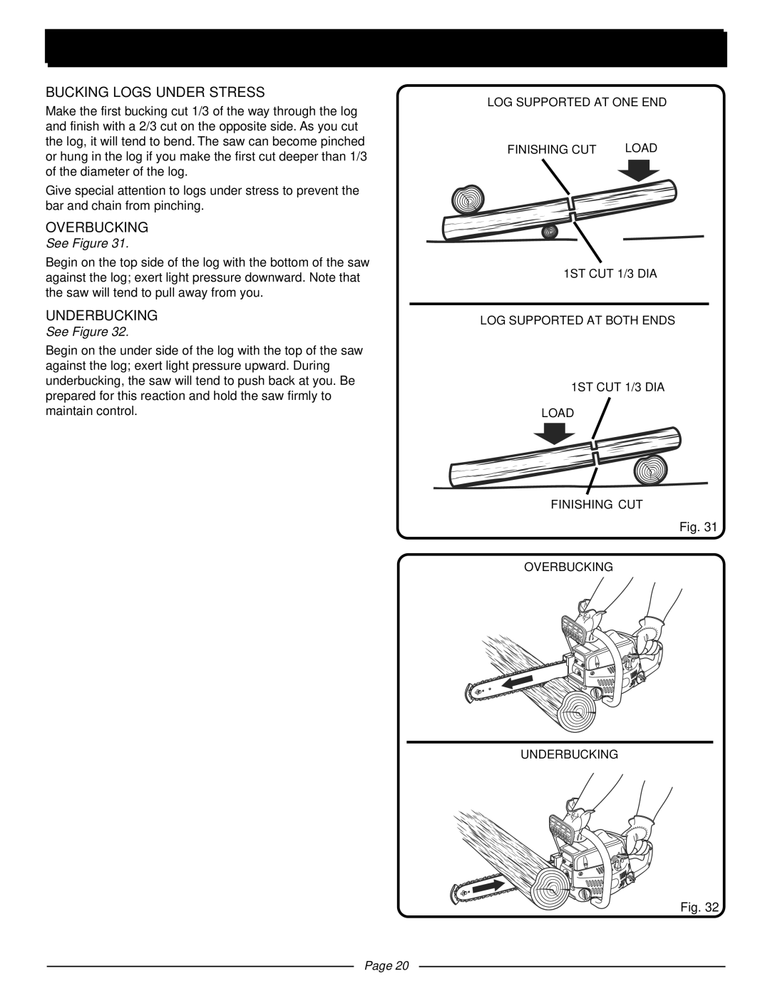 Homelite UT10510 manual Bucking Logs Under Stress, Overbucking, Underbucking 