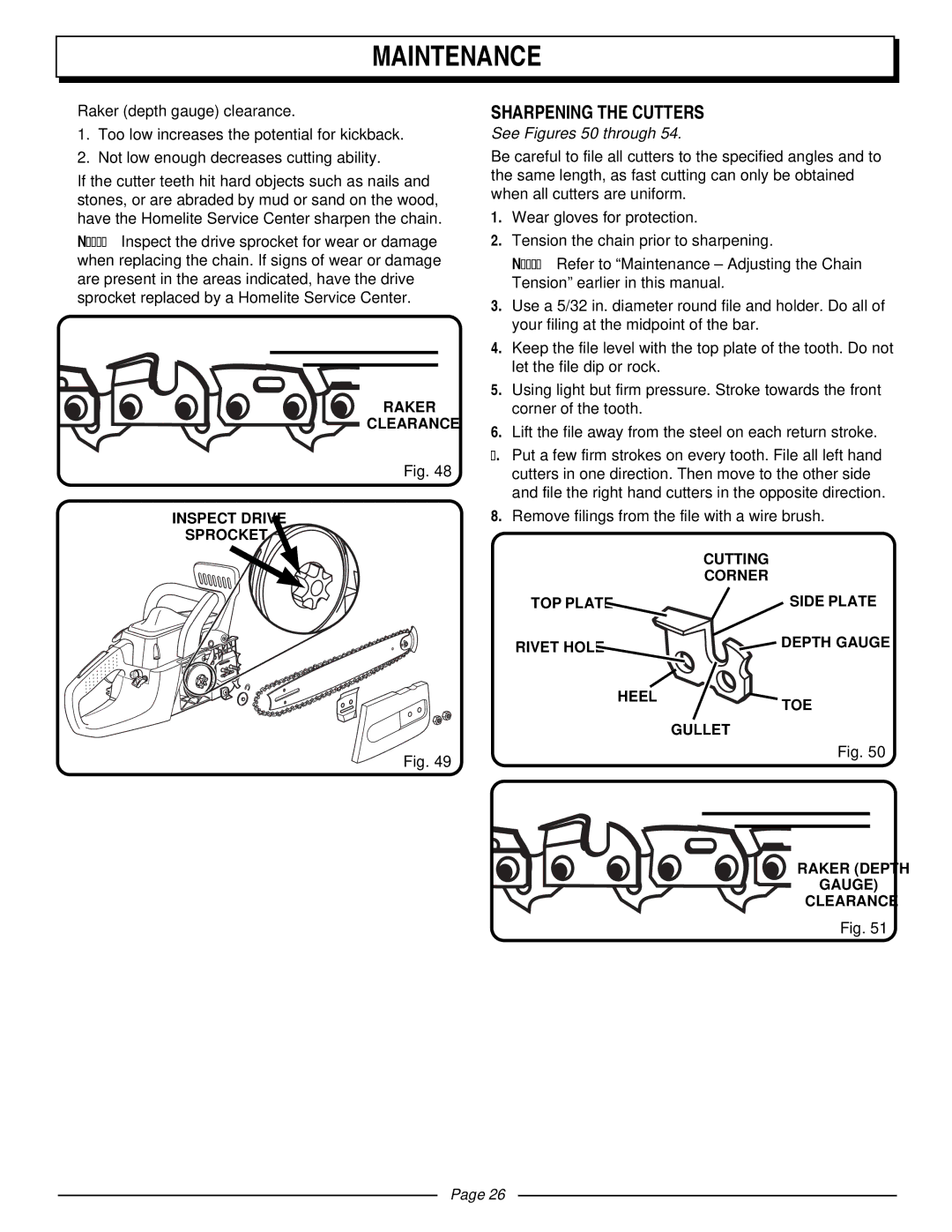 Homelite UT10510 manual Sharpening the Cutters, See Figures 50 through 